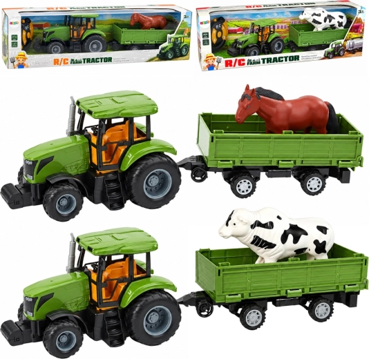 Trattore verde con rimorchio e cavallo a telecomando