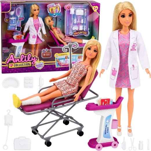 Set di bambole Anlily Collection: dottoressa con paziente, letto d’ospedale e carrello medico