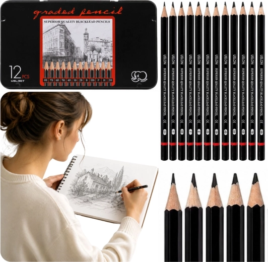 Set professionale di matite da disegno in scatola di metallo (12 pz)