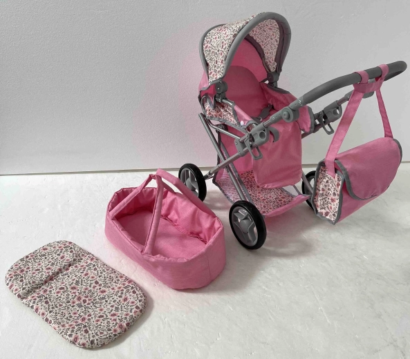 Passeggino per bambole 3 in 1 Pink Flowers