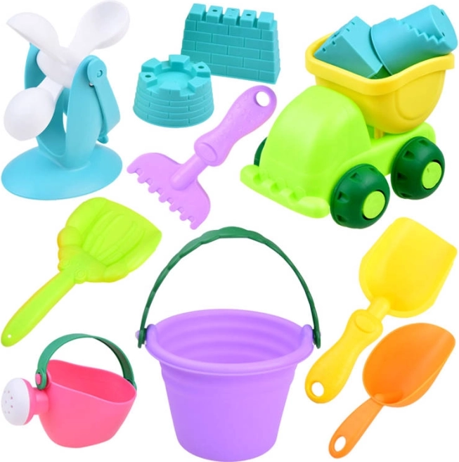 Set di giocattoli da spiaggia con secchiello colorato e macchinina