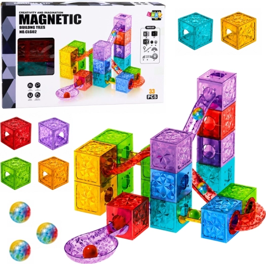 Costruzioni magnetiche – cubi trasparenti colorati con pista per biglie (33 pezzi)