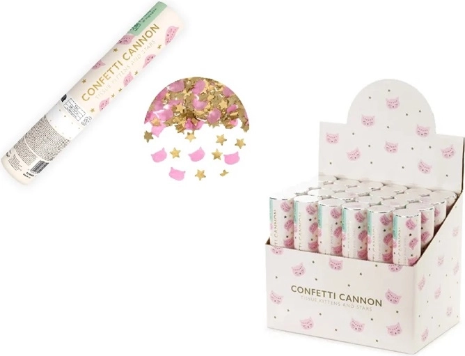 Tubo sparacoriandoli con stelline dorate e coriandoli rosa a forma di gattini, 20 cm