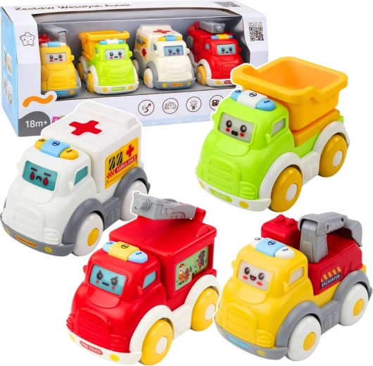 Macchinine cittadine per bambini piccoli con trazione meccanica, luci e suoni – set di 4 veicoli