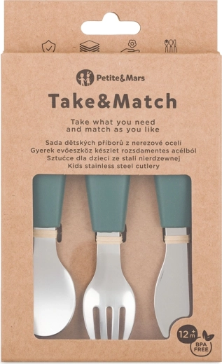 Petite&Mars set di posate per bambini in acciaio inox Take&Match Misty Green 12m+