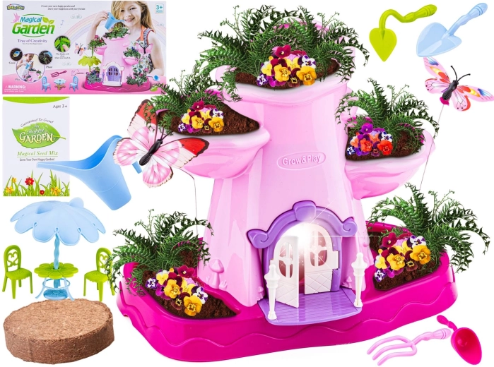 Set da giardinaggio rosa per bambini con casetta per bambole e annaffiatoio
