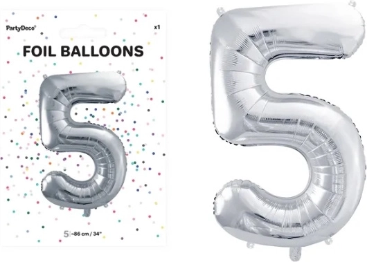 Palloncino in foil a forma di numero 5 color argento, 86 cm