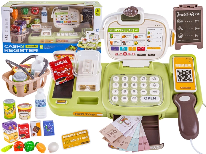 Cassa educativa per bambini per giocare al negozio con bilancia, calcolatrice e lettore di codici (30 pezzi) - 1 pezzo