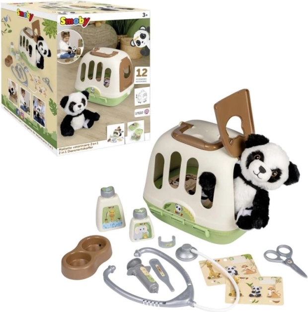 Set veterinario 2-in-1 per bambini con panda di peluche e trasportino