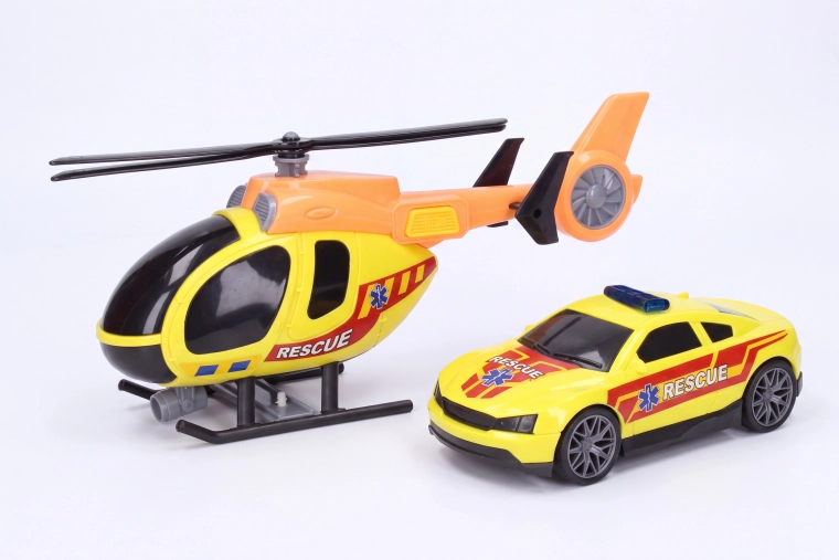 Elicottero di soccorso con effetti e auto