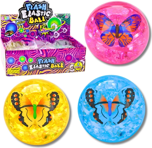 pallina rimbalzante luminosa con coriandoli e farfalla 9 cm