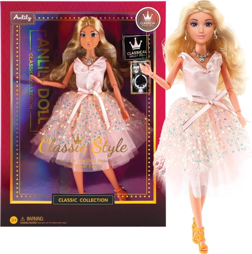 Bambola alla moda con abito da cerimonia rosa chiaro