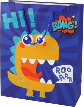 Busta regalo di carta con dinosauro, blu 41,5 × 30 × 12 cm