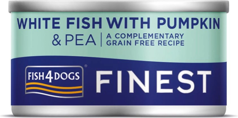 Scatoletta per cani con pesce bianco, zucca e piselli 85 g