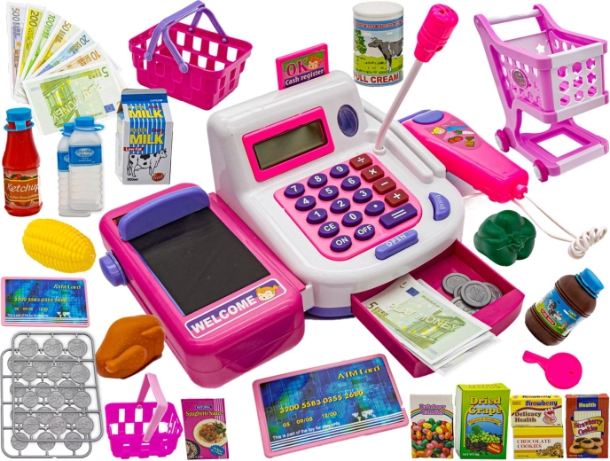 Cassa giocattolo educativa per bambini con calcolatrice, microfono e accessori