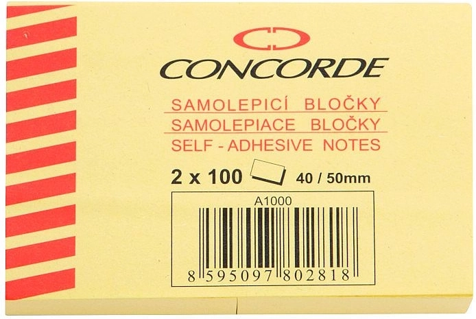 Blocchetto adesivo giallo 40 × 50 mm CONCORDE, 2 × 100 fogli