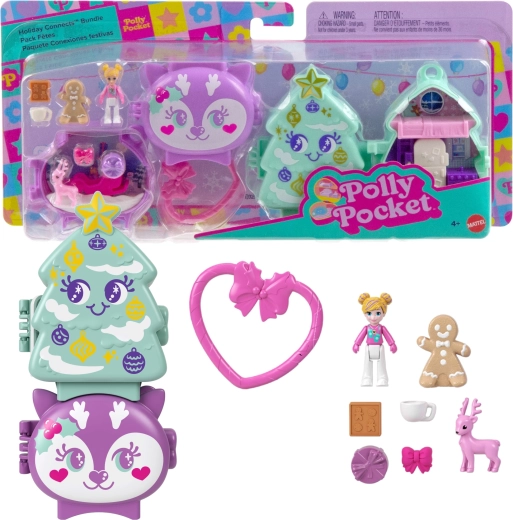 Mattel Polly Pocket set da gioco natalizio compatto e collegabile Holiday Connects albero e renna - 2 pezzi