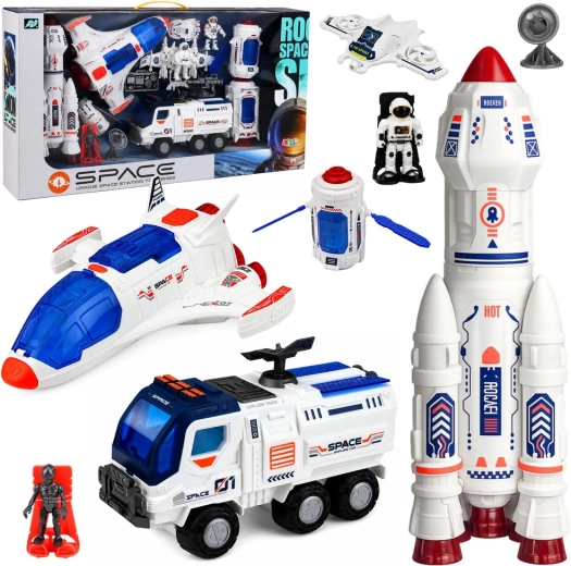 Grande set spaziale: stazione, razzo, navetta spaziale, veicolo esplorativo e astronauti
