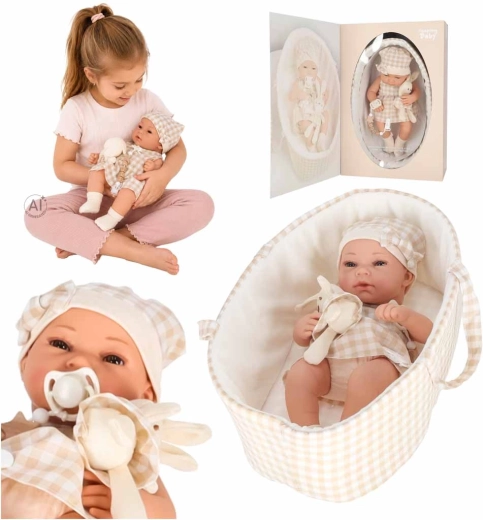 Bambola bebè beige 38 cm con trasportino, ciuccio e coniglietto di peluche