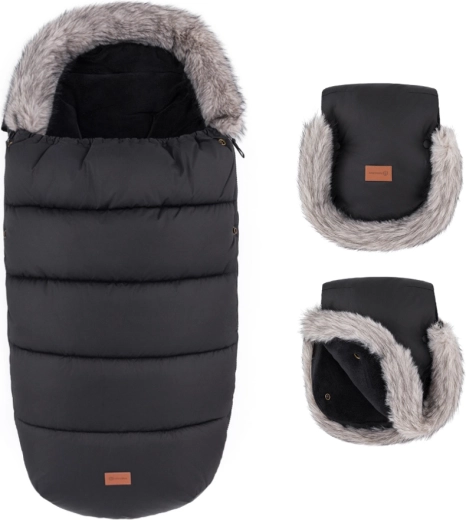 Set invernale Petite&Mars: sacco termico Comfy 4v1 e guanti per passeggino Furry forever black