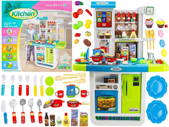Cucina giocattolo multifunzione per bambini con piano cottura a gas e pannello touch, blu - 1 pezzo