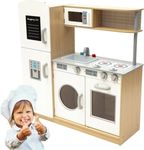Cucina giocattolo in legno per bambini in bianco e colore naturale con lavagna per scrivere