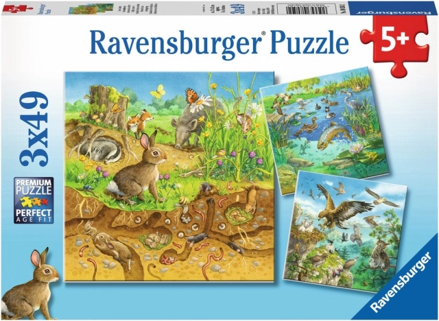 Puzzle Animali nei Loro Habitat 3x49 Pezzi