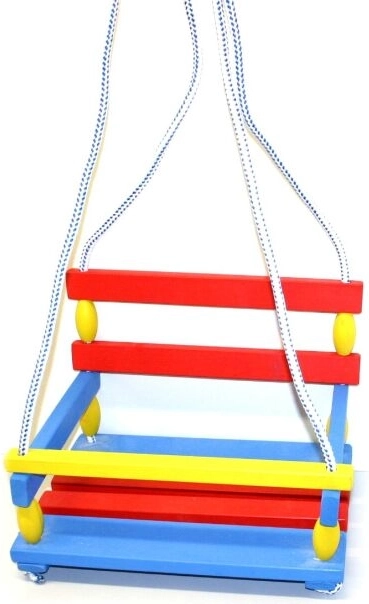Altalena colorata in legno con barriera di sicurezza