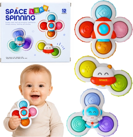 Spinners sensoriali con ventosa per neonati – tema spaziale, set da 3 pz