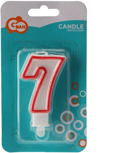 Candela di compleanno numero 7 – bianca con bordo rosso, con supporto