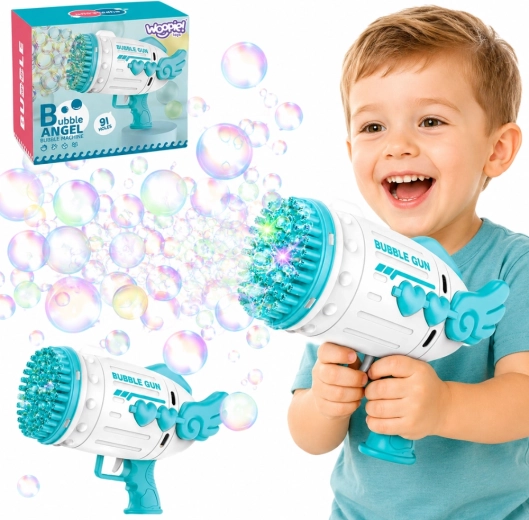 Pistola per bolle di sapone Woopie Bubble Angel con 91 fori, blu