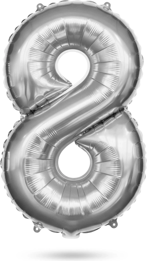 Palloncino di compleanno in foil a forma di numero 8, argento, 40 pollici