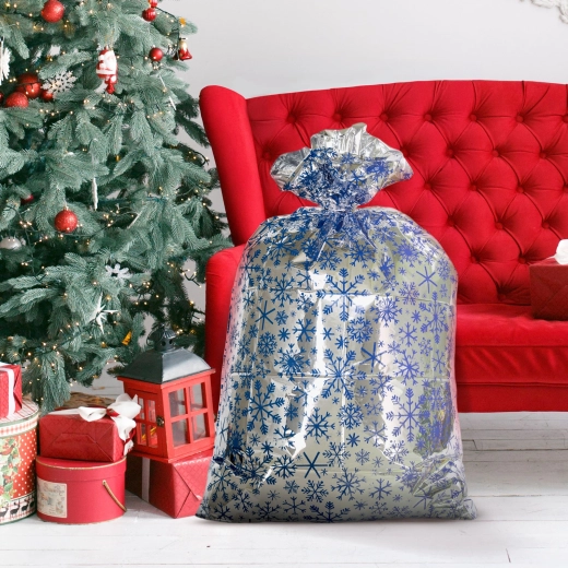 Sacchetto regalo natalizio extra grande con motivo fiocchi di neve 78 × 120 cm