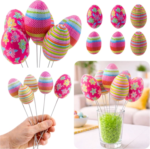 Uova decorative pasquali su filo con pois, righe e fiori - 6 pezzi