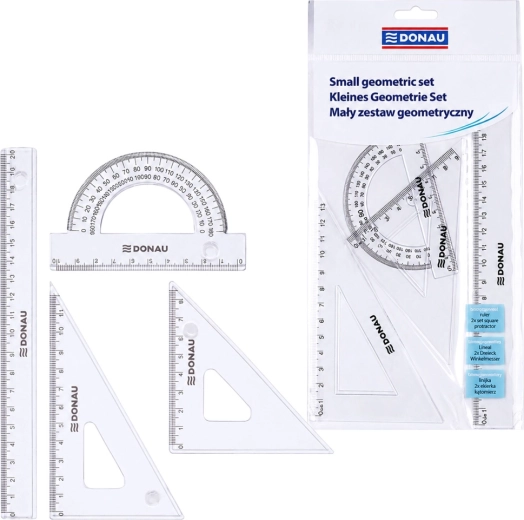 Set geometrico piccolo DONAU con righello da 20 cm, squadre e goniometro, trasparente - 1 pezzo