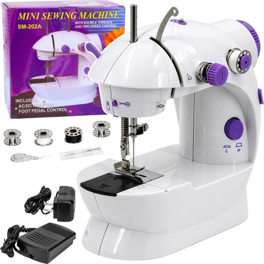 Mini macchina da cucire portatile con illuminazione LED, 2 velocità e pedale