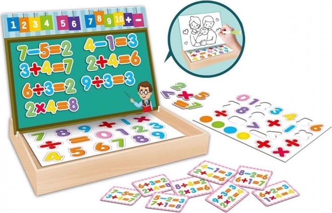 Puzzle magnetico educativo con numeri in una scatola di legno
