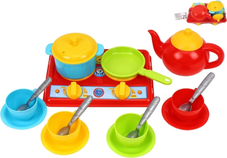Cucina giocattolo con fornello e stoviglie, set da 17 pezzi in rete