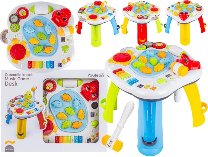 Tavolino musicale educativo multifunzione per bambini a forma di coccodrillo con mini pianoforte e martelletto