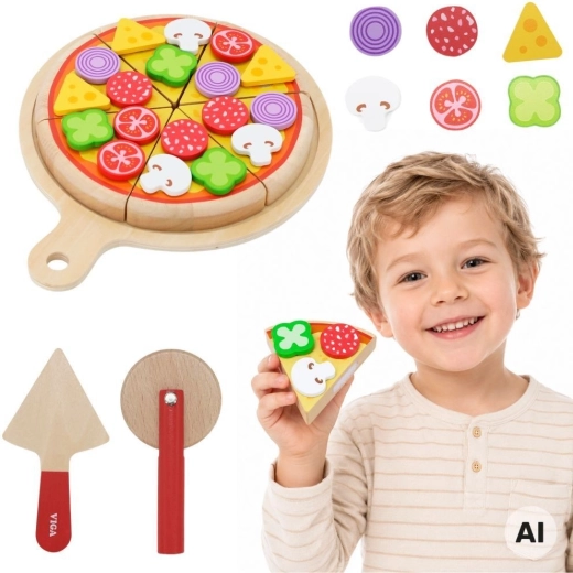 Viga set pizza in legno da tagliare e servire per bambini 27 pezzi 18m+