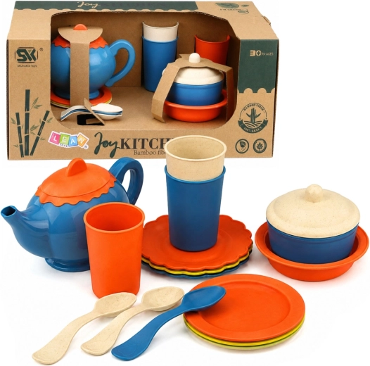 Set da tè per bambini in plastica con fibra di bambù, 15 pezzi, blu-arancione