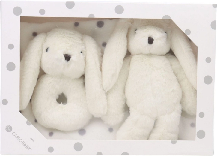 Set regalo Carlo Baby per neonato con coniglietto, sonaglio e coperta, bianco