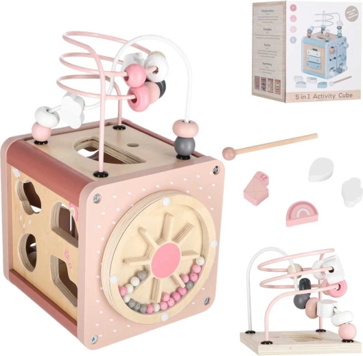 Cubo educativo in legno 5 in 1 con percorso motorio rosa