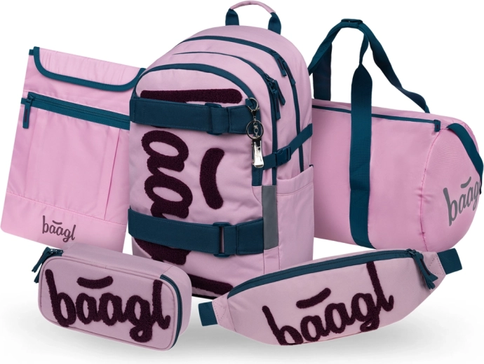 Baagl set Skate Rose: zaino scolastico, astuccio, borsa sportiva, marsupio e sleeve per laptop GRS