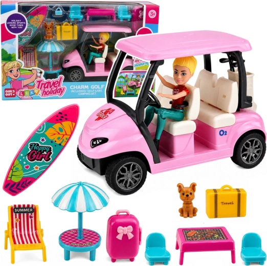 Set da golf con carrello da golf rosa, bambola, cagnolino e accessori da vacanza