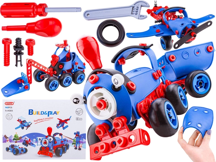 Mattoncini da costruzione elastici 142 pezzi 6 in 1 – trenino, aereo, elicottero e auto con viti