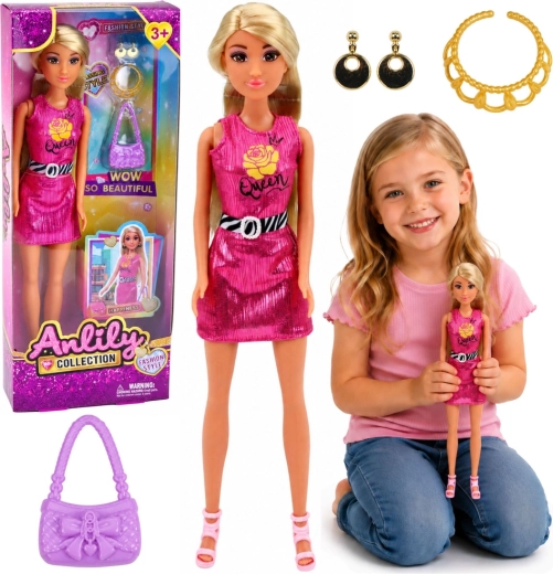 Bambola alla moda Anlily in abito rosa con borsetta e gioielli 30 cm