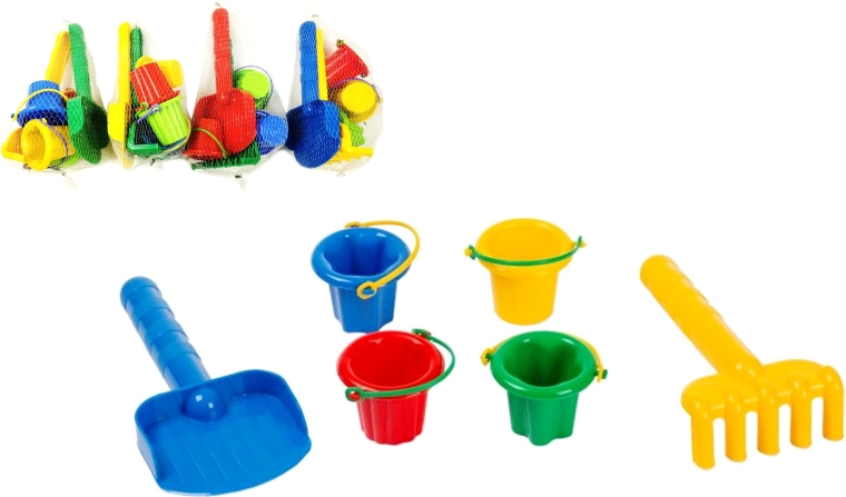 Set da sabbia L con paletta, rastrello e mini secchielli