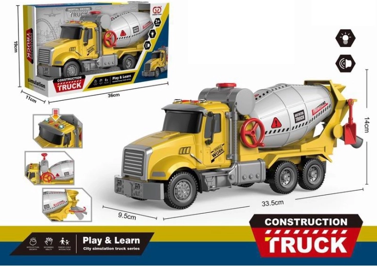 Betoniera giocattolo con luci e suoni, trazione a frizione