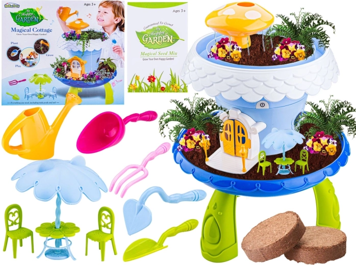 Set da giardinaggio per bambini blu con vaso e casetta per bambole